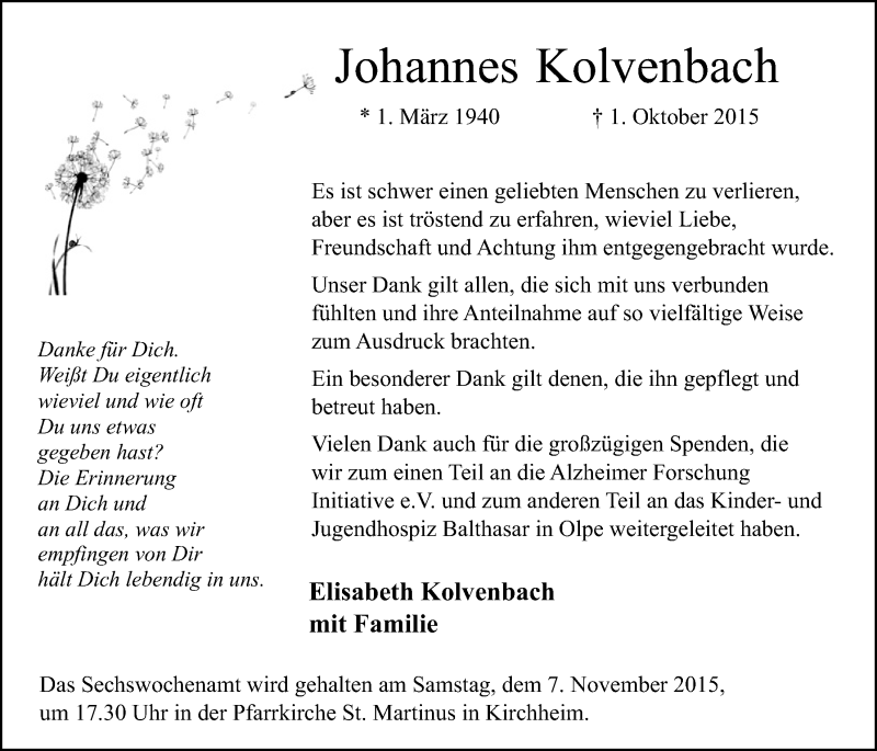  Traueranzeige für Johannes Kolvenbach vom 01.11.2015 aus  Blickpunkt Euskirchen 