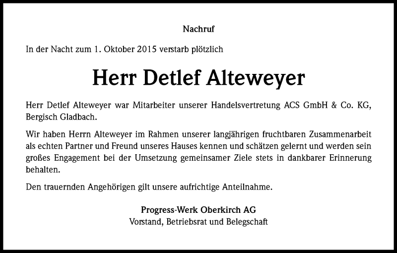  Traueranzeige für Detlef Alteweyer vom 14.10.2015 aus Kölner Stadt-Anzeiger / Kölnische Rundschau / Express