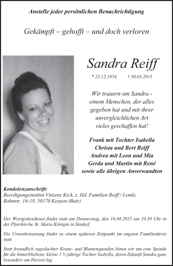 Anzeige von Sandra Reiff von  Werbepost 