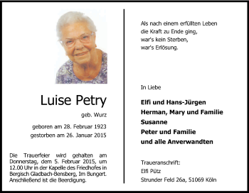 Anzeige von Luise Petry von Kölner Stadt-Anzeiger / Kölnische Rundschau / Express