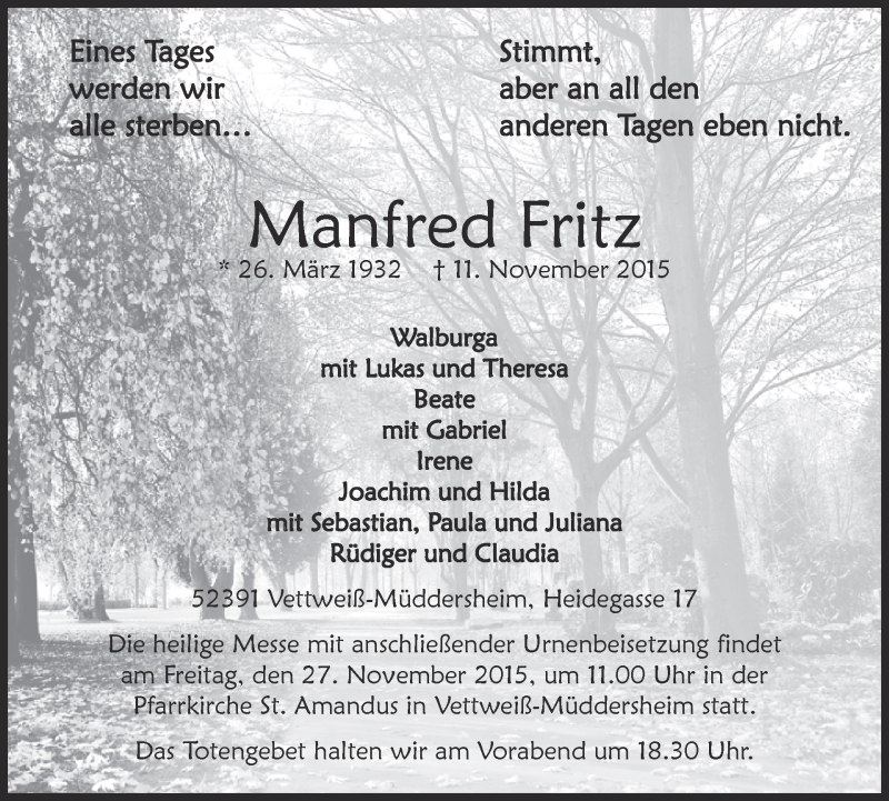  Traueranzeige für Manfred Fritz vom 18.11.2015 aus 