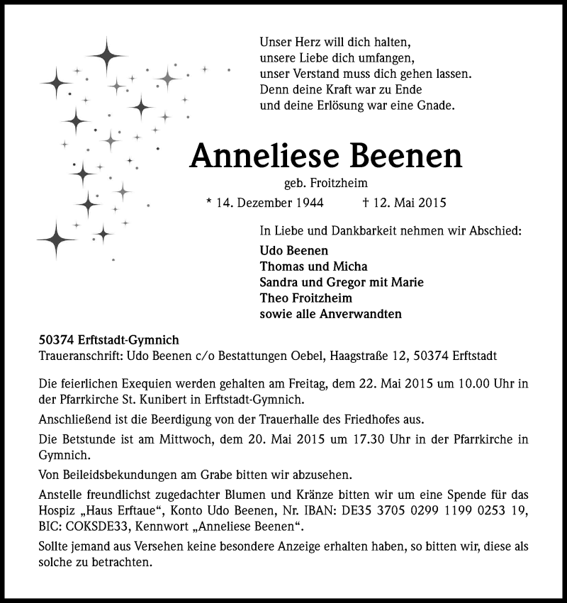  Traueranzeige für Anneliese Beenen vom 19.05.2015 aus Kölner Stadt-Anzeiger / Kölnische Rundschau / Express