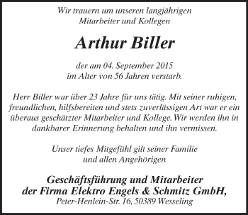 Anzeige von Arthur Biller von  Schlossbote/Werbekurier 
