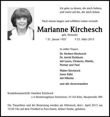 Anzeige von Marianne Kirchesch von Kölner Stadt-Anzeiger / Kölnische Rundschau / Express