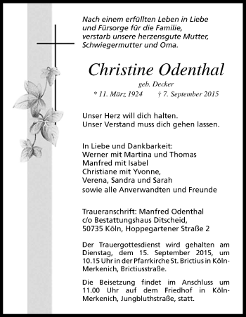 Anzeige von Christine Odenthal von Kölner Stadt-Anzeiger / Kölnische Rundschau / Express