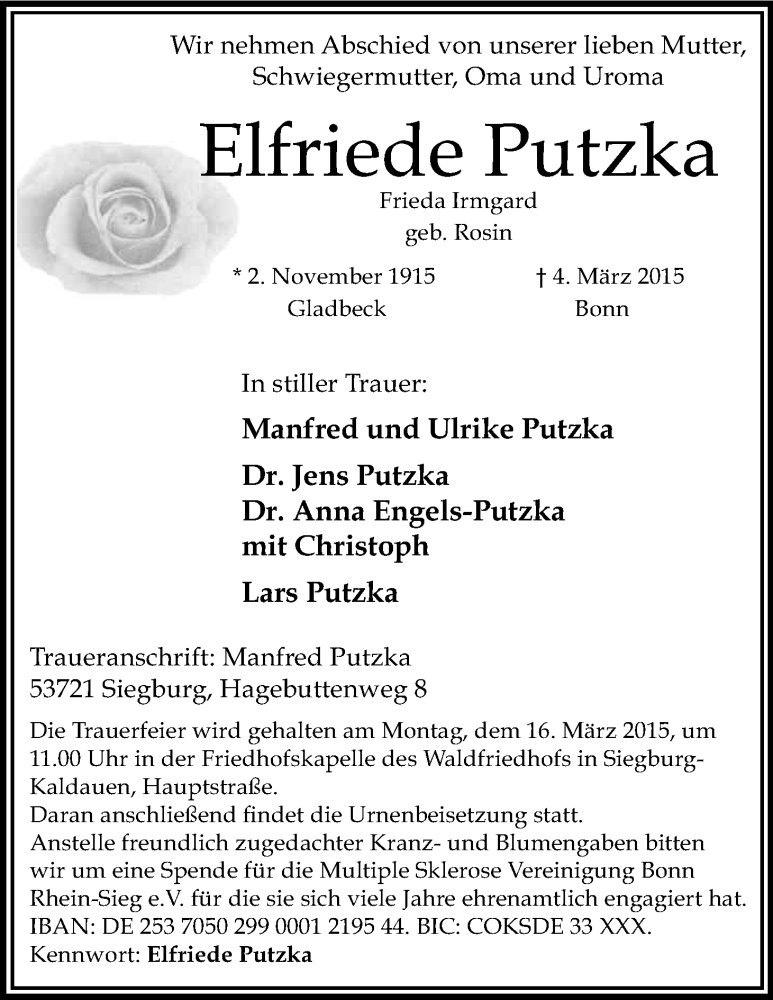  Traueranzeige für Elfriede Putzka vom 11.03.2015 aus Kölner Stadt-Anzeiger / Kölnische Rundschau / Express