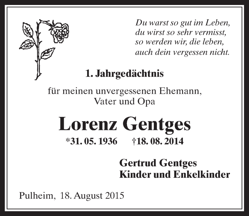  Traueranzeige für Lorenz Gentges vom 19.08.2015 aus  Wochenende 