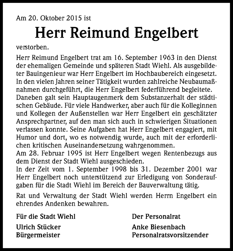  Traueranzeige für Reimund Engelbert vom 30.10.2015 aus Kölner Stadt-Anzeiger / Kölnische Rundschau / Express