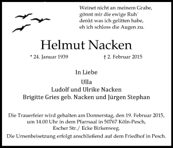 Anzeige von Helmut Nacken von Kölner Stadt-Anzeiger / Kölnische Rundschau / Express