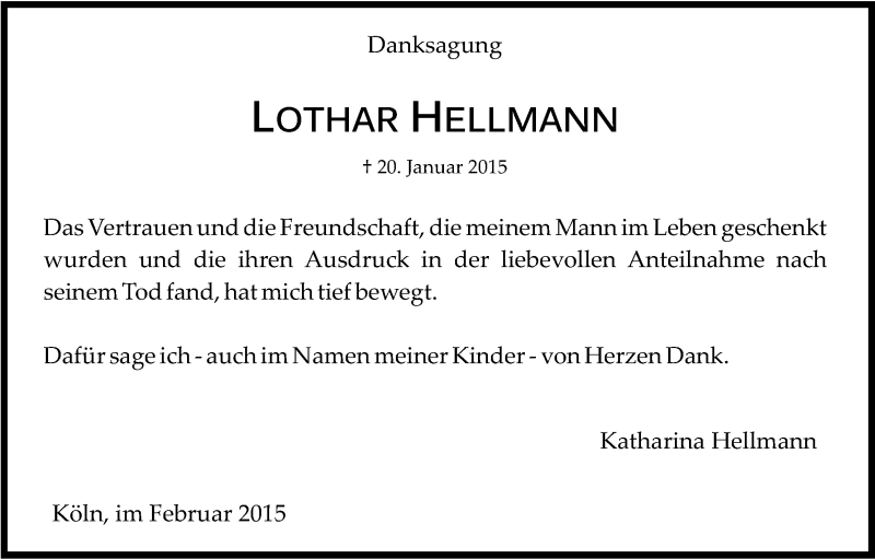  Traueranzeige für Lothar Hellmann vom 21.02.2015 aus Kölner Stadt-Anzeiger / Kölnische Rundschau / Express