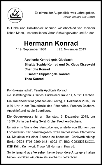 Anzeige von Hermann Konrad von Kölner Stadt-Anzeiger / Kölnische Rundschau / Express