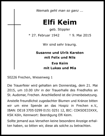 Anzeige von Elfi Keim von Kölner Stadt-Anzeiger / Kölnische Rundschau / Express