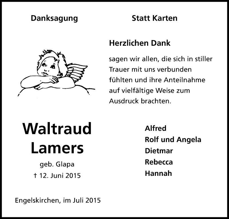  Traueranzeige für Waltraud Lamers vom 24.07.2015 aus Kölner Stadt-Anzeiger / Kölnische Rundschau / Express