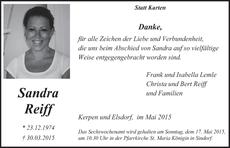  Traueranzeige für Sandra Reiff vom 06.05.2015 aus  Werbepost 