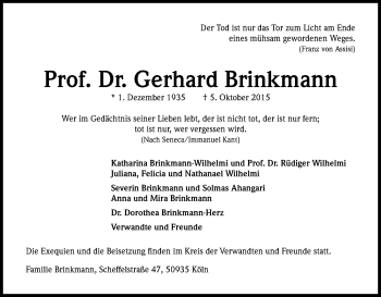 Anzeige von Gerhard Brinkmann von Kölner Stadt-Anzeiger / Kölnische Rundschau / Express