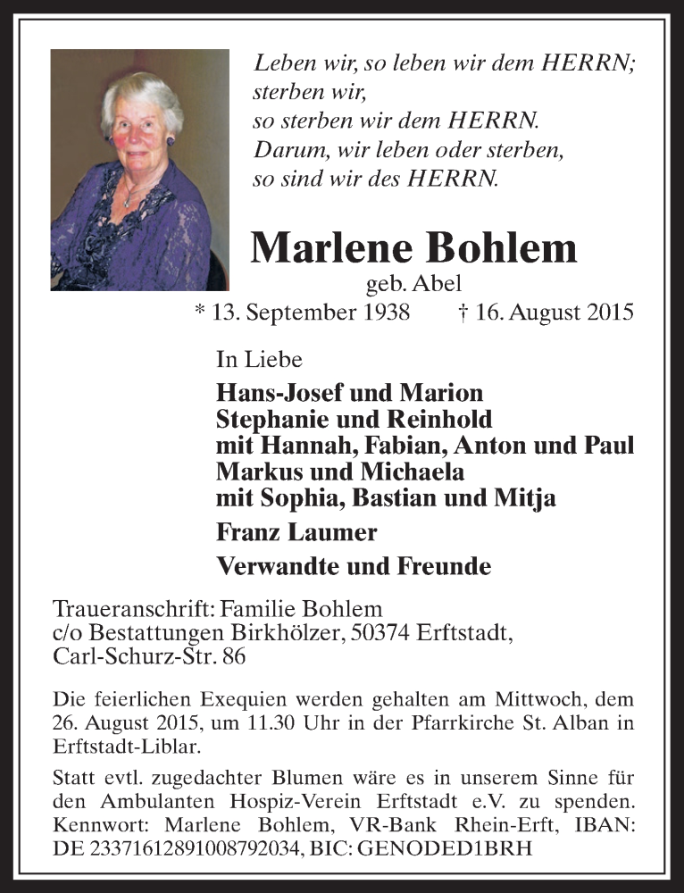  Traueranzeige für Marlene Bohlem vom 22.08.2015 aus  Sonntags-Post 