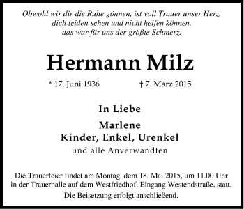 Anzeige von Hermann Milz von Kölner Stadt-Anzeiger / Kölnische Rundschau / Express