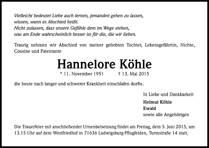 Traueranzeige für Hannelore Köhle vom 30.05.2015 aus Kölner Stadt-Anzeiger / Kölnische Rundschau / Express
