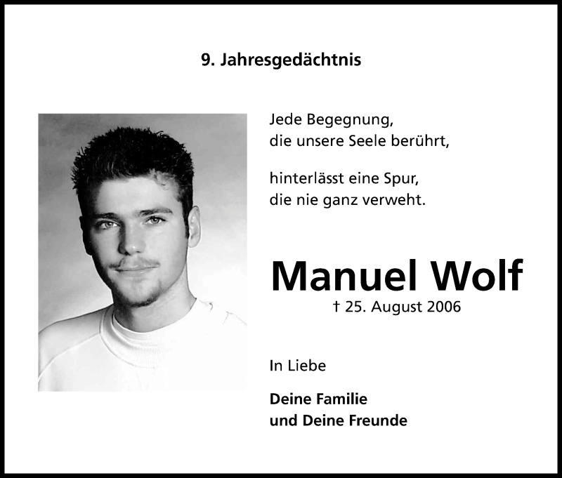  Traueranzeige für Manuel Wolf vom 25.08.2015 aus Kölner Stadt-Anzeiger / Kölnische Rundschau / Express