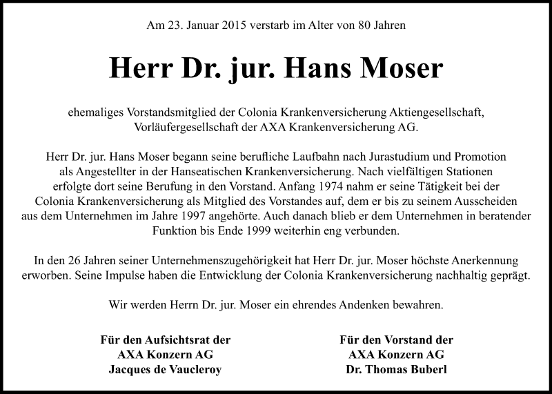  Traueranzeige für Hans Moser vom 14.02.2015 aus Kölner Stadt-Anzeiger / Kölnische Rundschau / Express