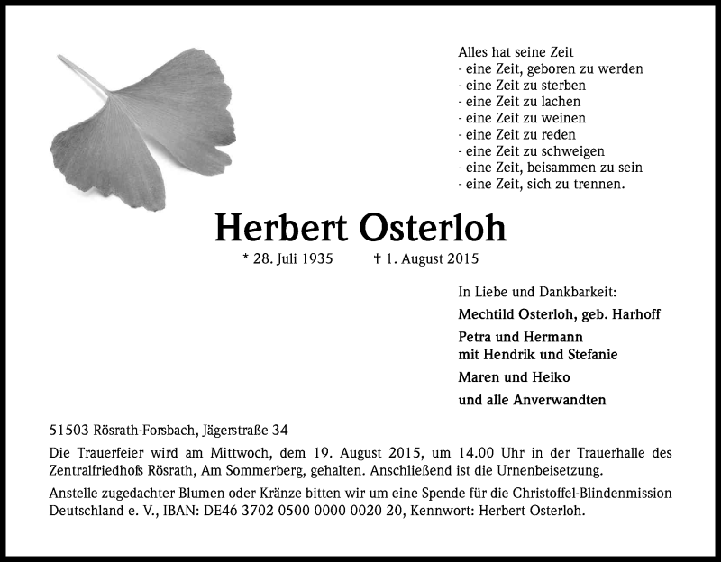  Traueranzeige für Herbert Osterloh vom 08.08.2015 aus Kölner Stadt-Anzeiger / Kölnische Rundschau / Express