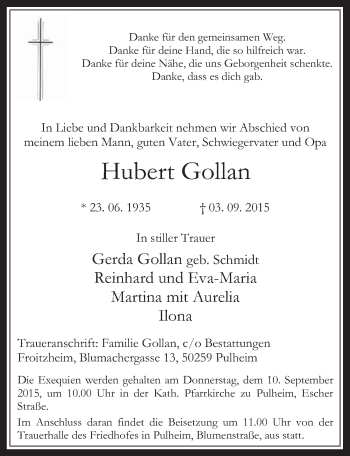 Anzeige von Hubert Gollan von  Wochenende 