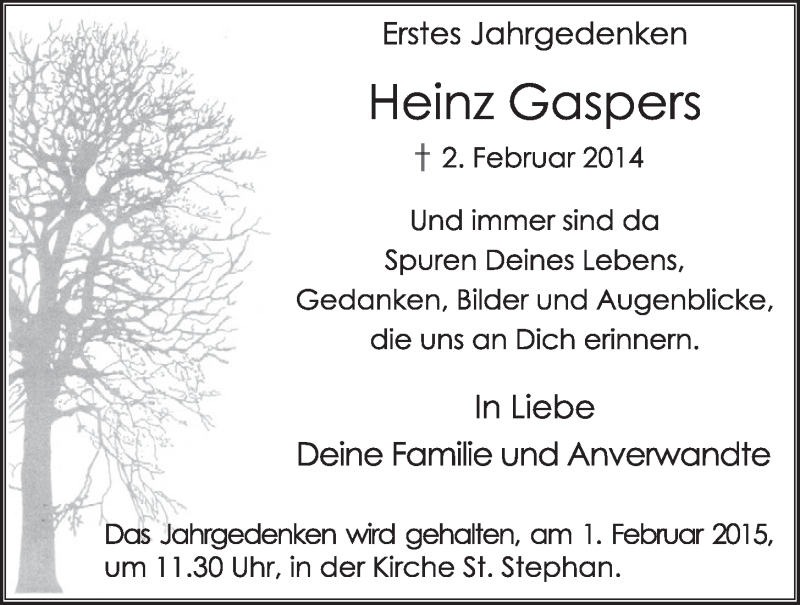  Traueranzeige für Heinz Gaspers vom 28.01.2015 aus  Schlossbote/Werbekurier 