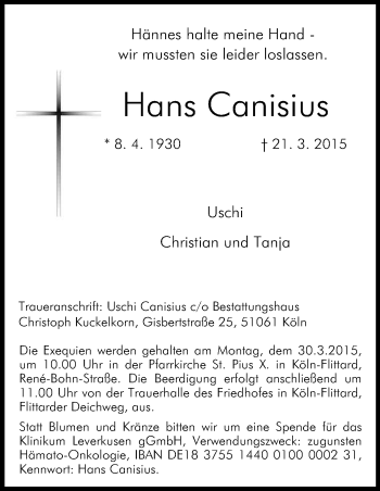 Anzeige von Hans Canisius von Kölner Stadt-Anzeiger / Kölnische Rundschau / Express