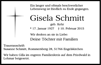 Anzeige von Gisela Schmitt von Kölner Stadt-Anzeiger / Kölnische Rundschau / Express