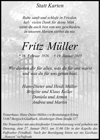 Anzeige von Fritz Müller von Kölner Stadt-Anzeiger / Kölnische Rundschau / Express