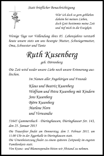 Anzeige von Ruth Kusenberg von Kölner Stadt-Anzeiger / Kölnische Rundschau / Express