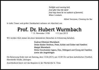 Anzeige von Hubert Wurmbach von Kölner Stadt-Anzeiger / Kölnische Rundschau / Express