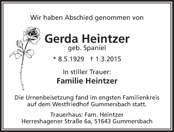 Anzeige von Gerda Heintzer von  Anzeigen Echo 