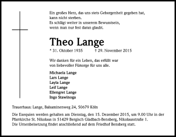 Anzeige von Theo Lange von Kölner Stadt-Anzeiger / Kölnische Rundschau / Express