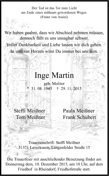 Anzeige von Inge Martin von Kölner Stadt-Anzeiger / Kölnische Rundschau / Express