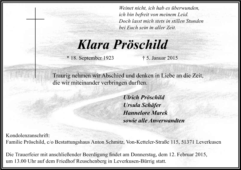  Traueranzeige für Klara Pröschild vom 07.02.2015 aus Kölner Stadt-Anzeiger / Kölnische Rundschau / Express