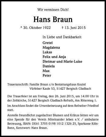 Anzeige von Hans Braun von Kölner Stadt-Anzeiger / Kölnische Rundschau / Express