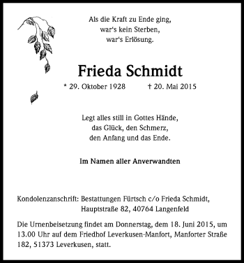 Anzeige von Frieda Schmidt von Kölner Stadt-Anzeiger / Kölnische Rundschau / Express
