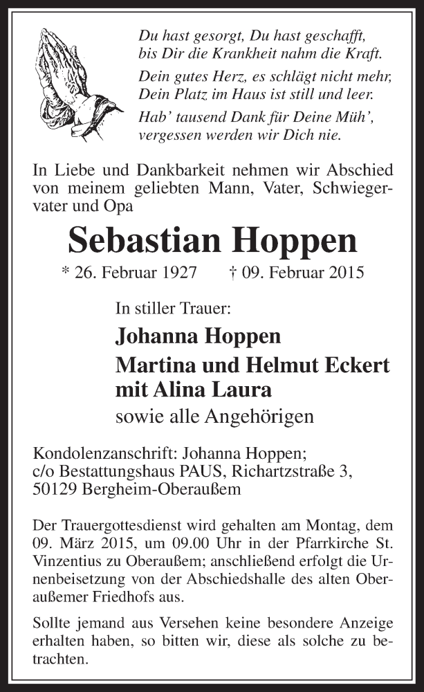  Traueranzeige für Sebastian Hoppen vom 04.03.2015 aus  Werbepost 