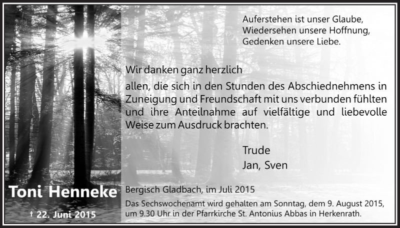  Traueranzeige für Toni Henneke vom 15.07.2015 aus  Bergisches Handelsblatt 