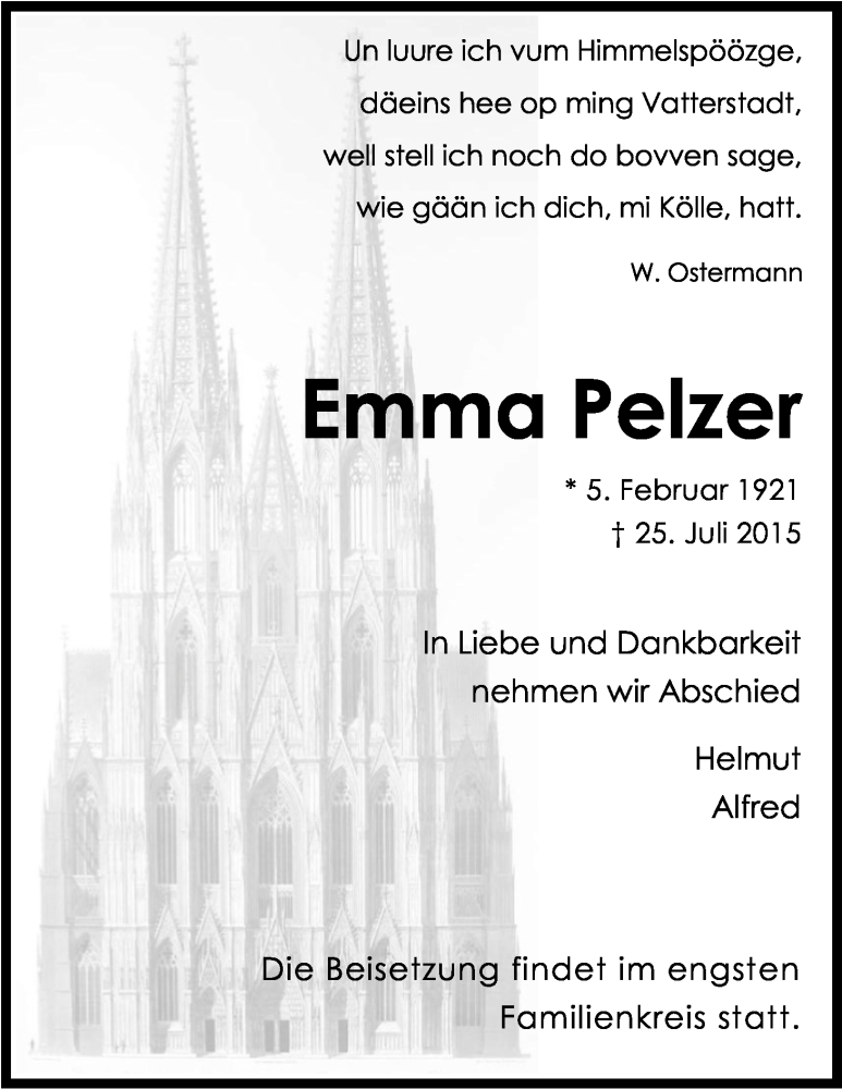 Traueranzeige für Emma Pelzer vom 01.08.2015 aus Kölner Stadt-Anzeiger / Kölnische Rundschau / Express