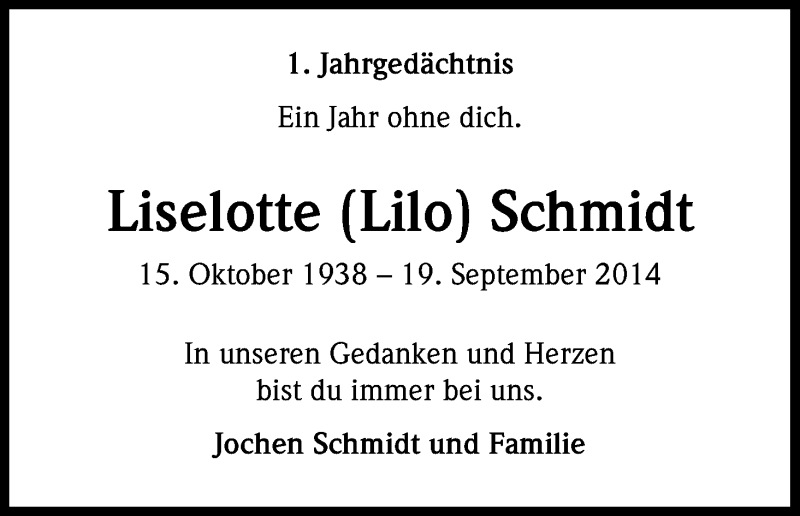  Traueranzeige für Liselotte Schmidt vom 19.09.2015 aus Kölner Stadt-Anzeiger / Kölnische Rundschau / Express