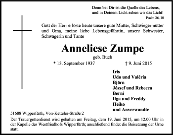 Anzeige von Anneliese Zumpe von Kölner Stadt-Anzeiger / Kölnische Rundschau / Express
