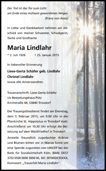 Anzeige von Maria Lindlahr von Kölner Stadt-Anzeiger / Kölnische Rundschau / Express