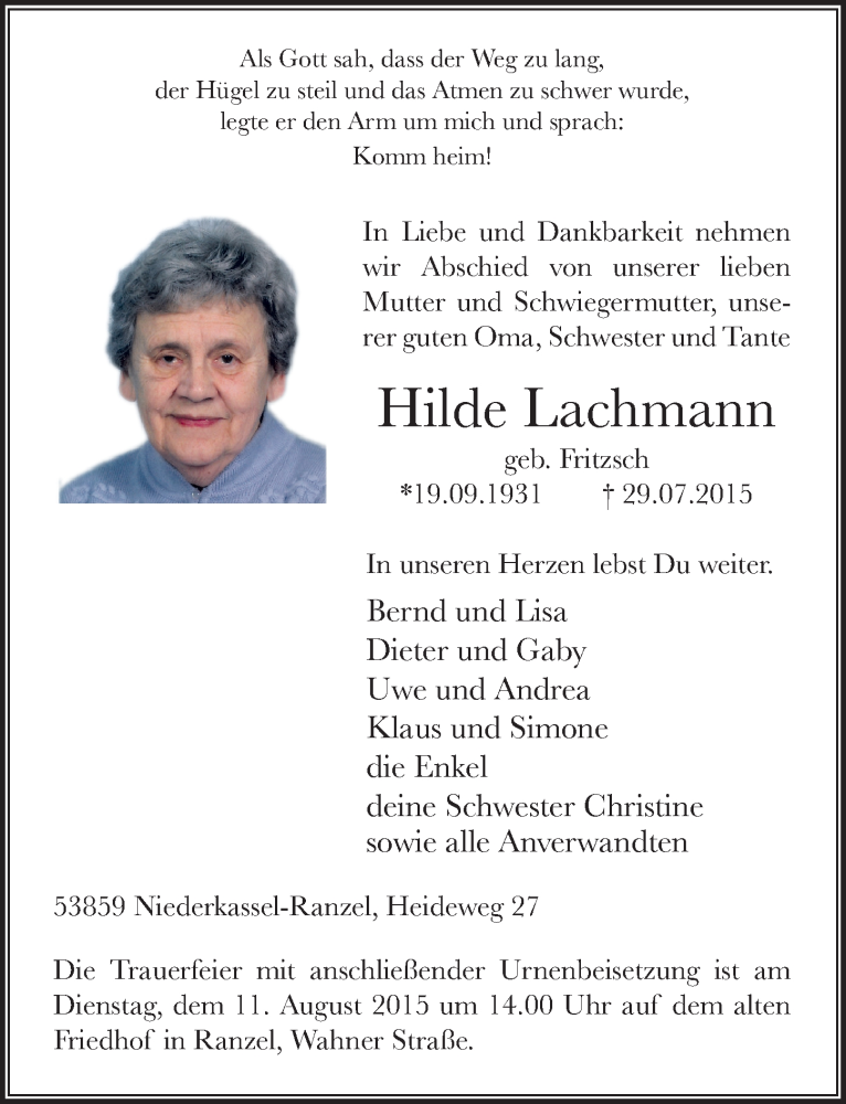  Traueranzeige für Hilde Lachmann vom 05.08.2015 aus  Extra Blatt 