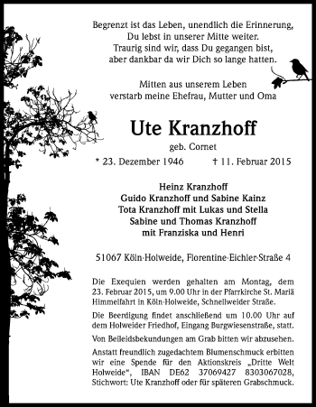 Anzeige von Ute Kranzhoff von Kölner Stadt-Anzeiger / Kölnische Rundschau / Express