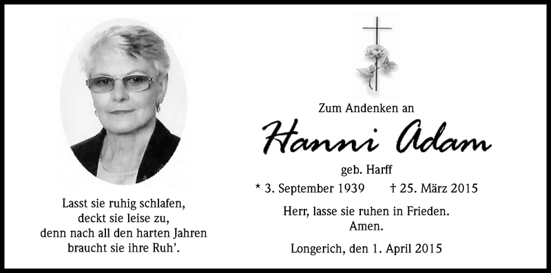  Traueranzeige für Hanni Adam vom 11.04.2015 aus Kölner Stadt-Anzeiger / Kölnische Rundschau / Express