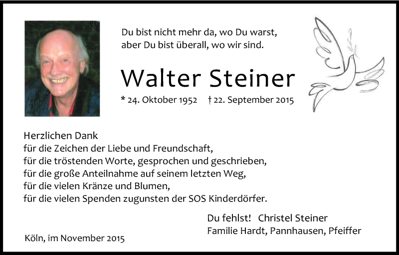  Traueranzeige für Walter Steiner vom 14.11.2015 aus Köln - Wir Trauern