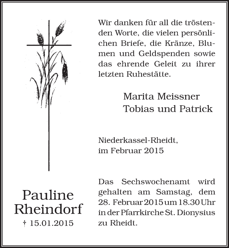  Traueranzeige für Pauline Rheindorf vom 18.02.2015 aus  Extra Blatt 