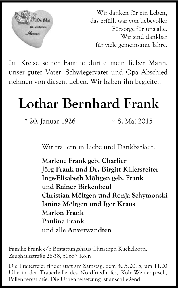  Traueranzeige für Lothar Bernhard Frank vom 16.05.2015 aus Kölner Stadt-Anzeiger / Kölnische Rundschau / Express